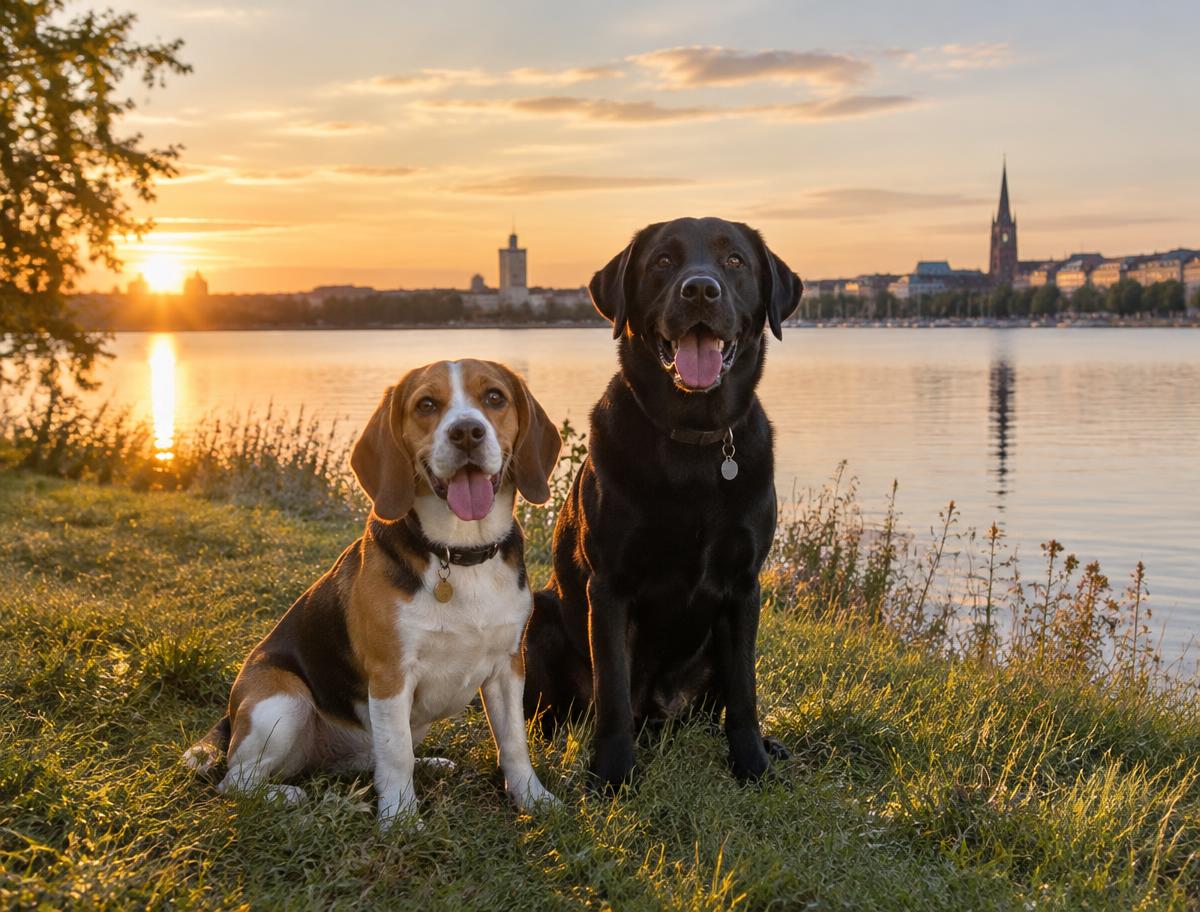 Två hundar vid vattnet